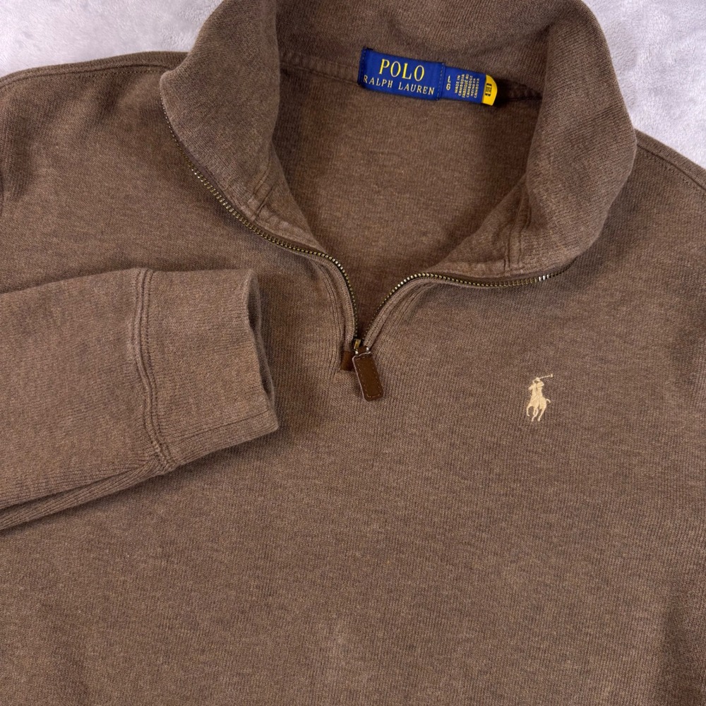 Polo Ralph Lauren Mens Brown Heather Cotton Quarter Zip Pullover Sweater Large